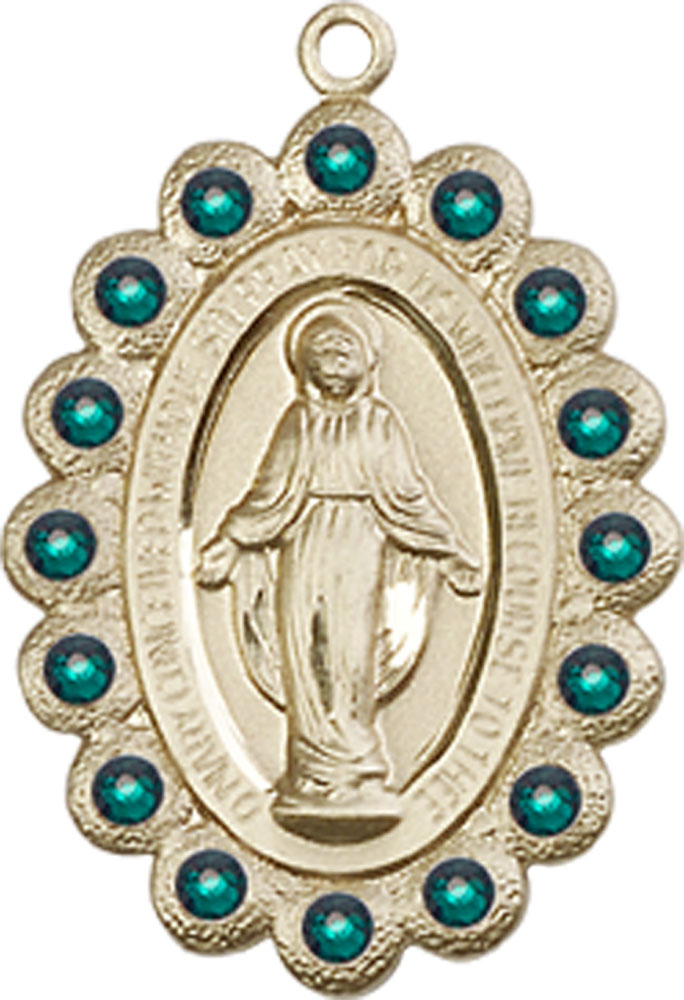 14kt Gold Miraculous Medal with Emerald Swarovski stones