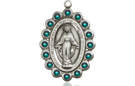 Sterling Silver Miraculous Medal with Emerald Swarovski stones