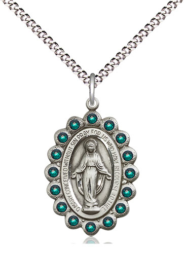 Sterling Silver Miraculous Pendant with Emerald Swarovski stones on a 18 inch Light Rhodium Light Curb chain