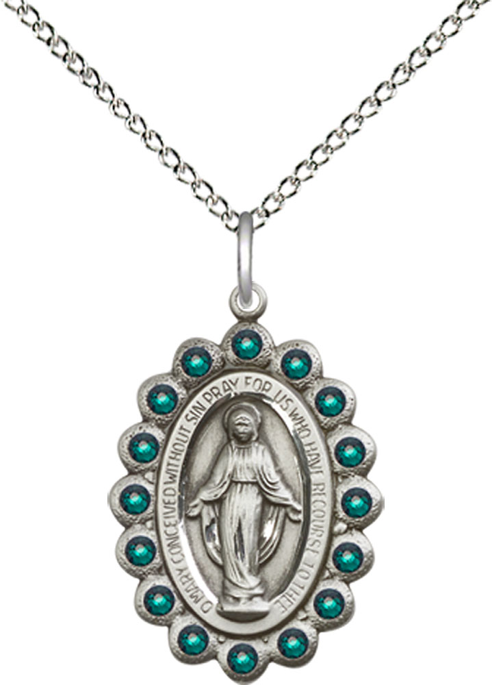 Sterling Silver Miraculous Pendant with Emerald Swarovski stones on a 18 inch Sterling Silver Light Curb chain