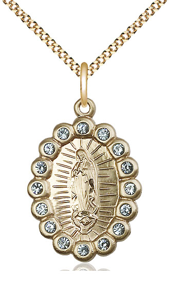 14kt Gold Filled Our Lady of Guadalupe Pendant with Aqua Swarovski stones on a 18 inch Gold Plate Light Curb chain