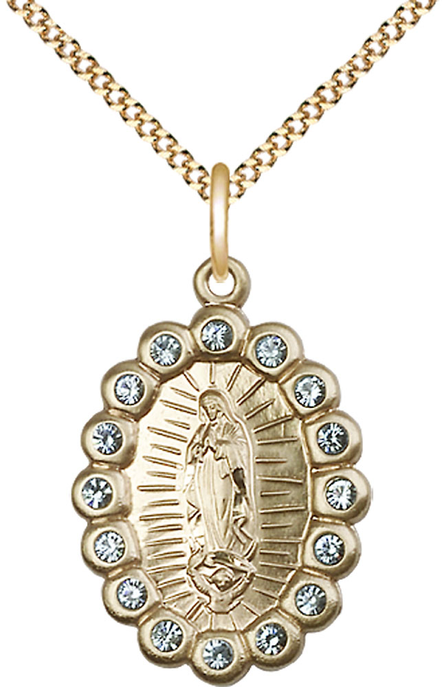 14kt Gold Filled Our Lady of Guadalupe Pendant with Aqua Swarovski stones on a 18 inch Gold Plate Light Curb chain