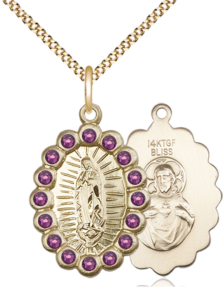 14kt Gold Filled Our Lady of Guadalupe Pendant with Amethyst Swarovski stones on a 18 inch Gold Plate Light Curb chain