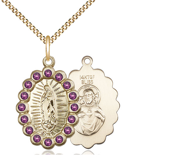 14kt Gold Filled Our Lady of Guadalupe Pendant with Amethyst Swarovski stones on a 18 inch Gold Plate Light Curb chain