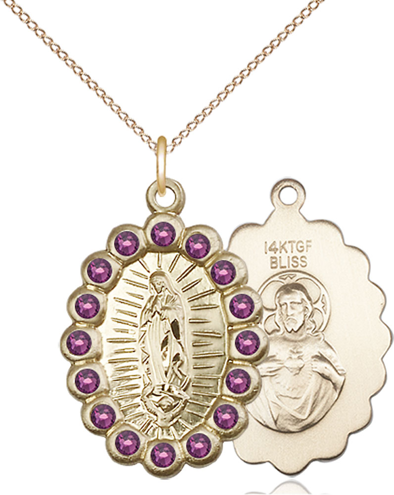 14kt Gold Filled Our Lady of Guadalupe Pendant with Amethyst Swarovski stones on a 18 inch Gold Filled Light Curb chain