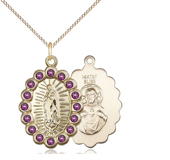 14kt Gold Filled Our Lady of Guadalupe Pendant with Amethyst Swarovski stones on a 18 inch Gold Filled Light Curb chain