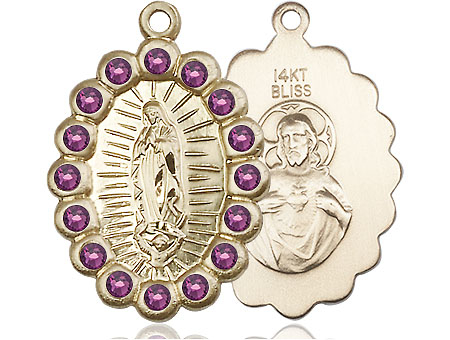 14kt Gold Our Lady of Guadalupe Medal with Amethyst Swarovski stones