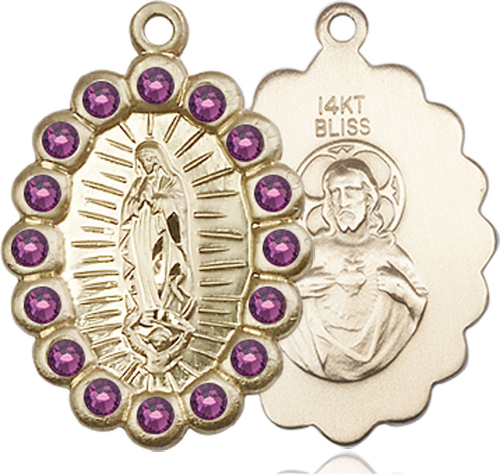 14kt Gold Our Lady of Guadalupe Medal with Amethyst Swarovski stones