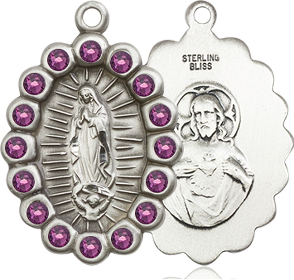 Sterling Silver Our Lady of Guadalupe Medal with Amethyst Swarovski stones