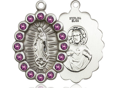 Sterling Silver Our Lady of Guadalupe Medal with Amethyst Swarovski stones