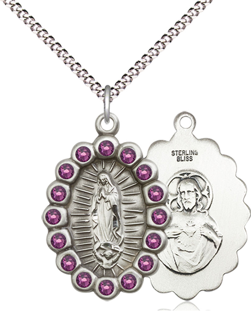 Sterling Silver Our Lady of Guadalupe Pendant with Amethyst Swarovski stones on a 18 inch Light Rhodium Light Curb chain