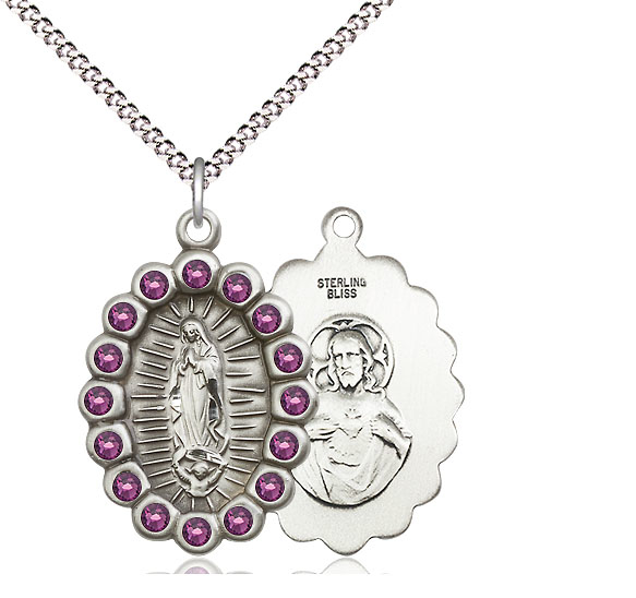 Sterling Silver Our Lady of Guadalupe Pendant with Amethyst Swarovski stones on a 18 inch Light Rhodium Light Curb chain