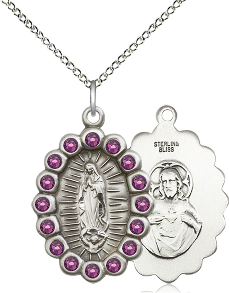 Sterling Silver Our Lady of Guadalupe Pendant with Amethyst Swarovski stones on a 18 inch Sterling Silver Light Curb chain