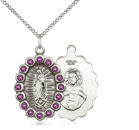 Sterling Silver Our Lady of Guadalupe Pendant with Amethyst Swarovski stones on a 18 inch Sterling Silver Light Curb chain