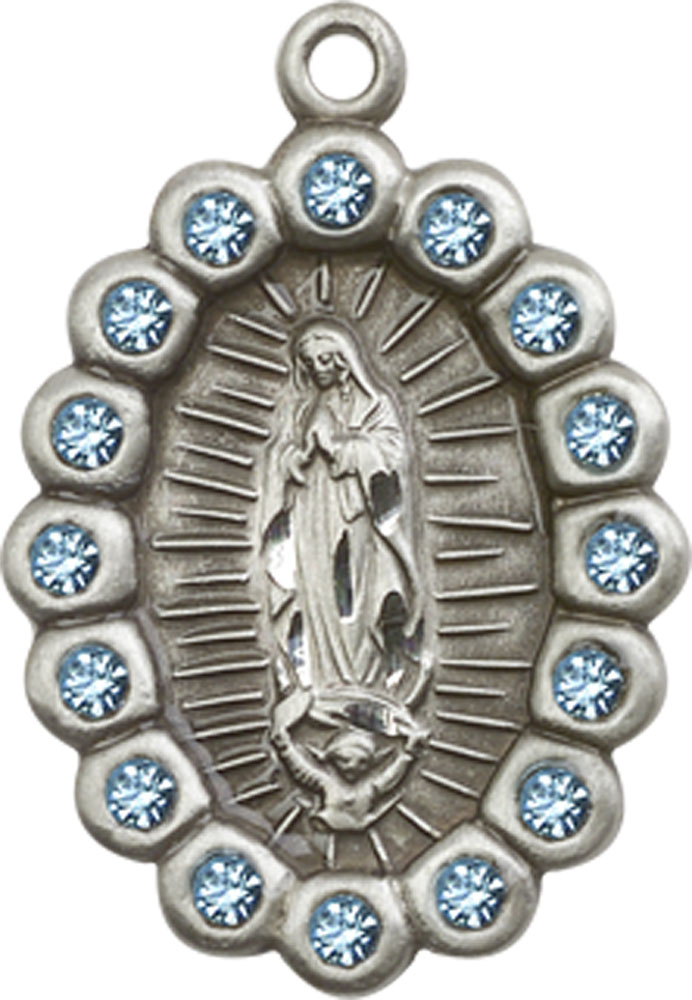 Sterling Silver Our Lady of Guadalupe Medal with Aqua Swarovski stones