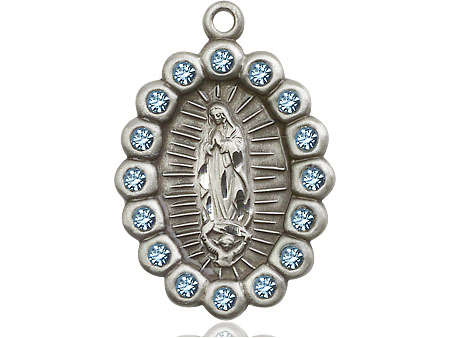 Sterling Silver Our Lady of Guadalupe Medal with Aqua Swarovski stones