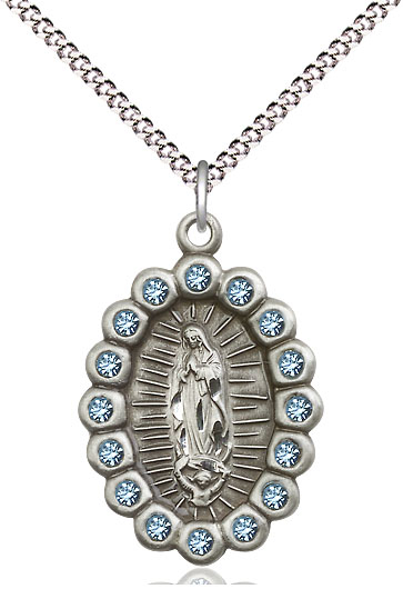 Sterling Silver Our Lady of Guadalupe Pendant with Aqua Swarovski stones on a 18 inch Light Rhodium Light Curb chain