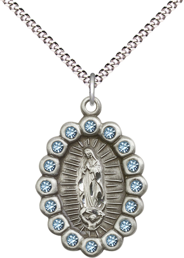 Sterling Silver Our Lady of Guadalupe Pendant with Aqua Swarovski stones on a 18 inch Light Rhodium Light Curb chain