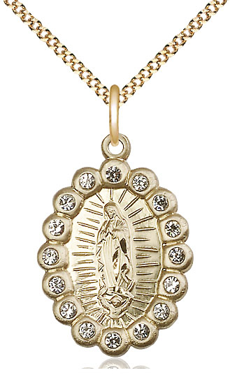 14kt Gold Filled Our Lady of Guadalupe Pendant with Crystal Swarovski stones on a 18 inch Gold Plate Light Curb chain