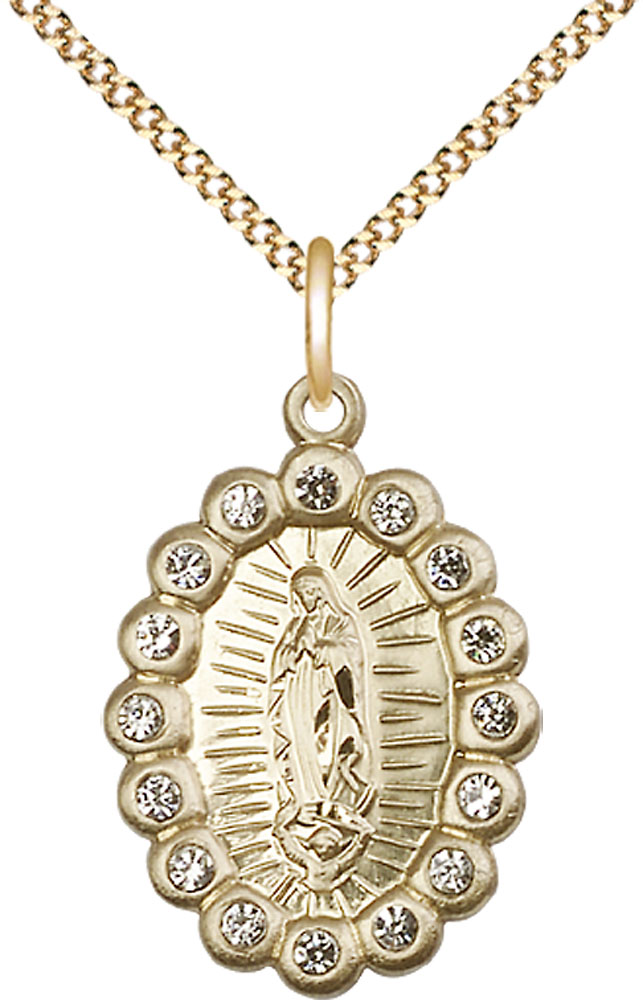 14kt Gold Filled Our Lady of Guadalupe Pendant with Crystal Swarovski stones on a 18 inch Gold Plate Light Curb chain