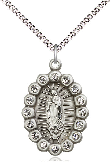 Sterling Silver Our Lady of Guadalupe Pendant with Crystal Swarovski stones on a 18 inch Light Rhodium Light Curb chain