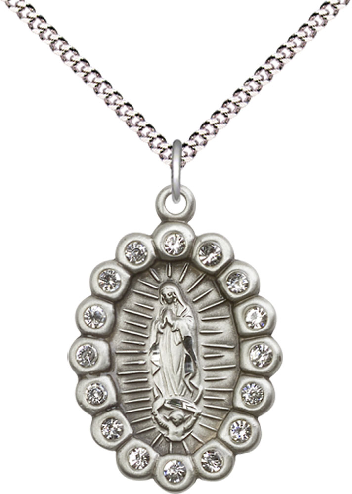 Sterling Silver Our Lady of Guadalupe Pendant with Crystal Swarovski stones on a 18 inch Light Rhodium Light Curb chain