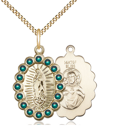 14kt Gold Filled Our Lady of Guadalupe Pendant with Emerald Swarovski stones on a 18 inch Gold Plate Light Curb chain