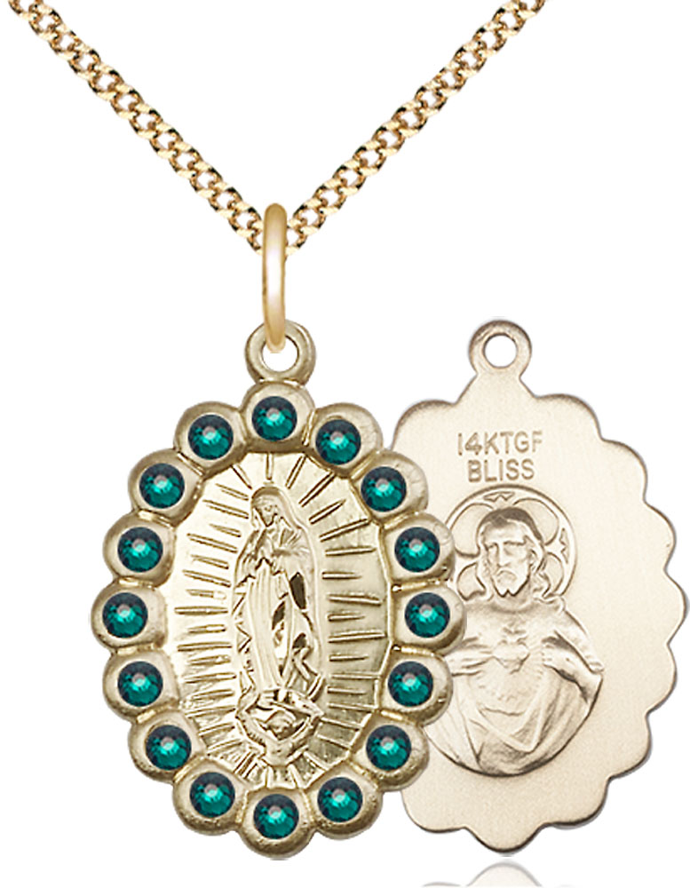 14kt Gold Filled Our Lady of Guadalupe Pendant with Emerald Swarovski stones on a 18 inch Gold Plate Light Curb chain