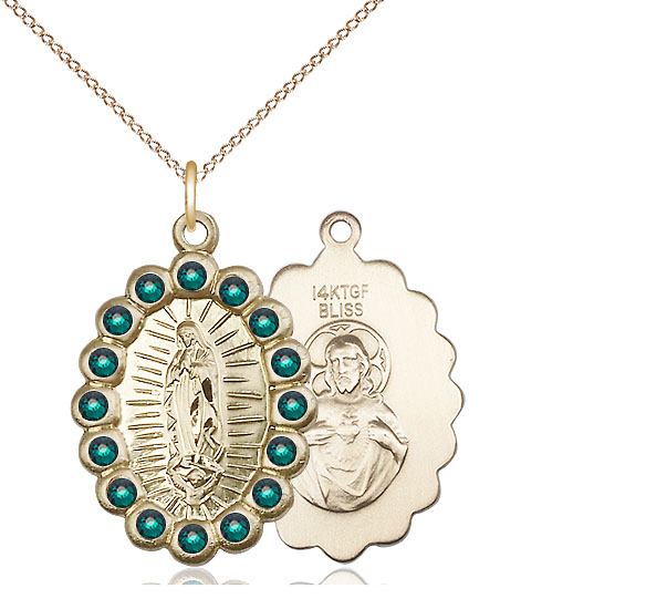 14kt Gold Filled Our Lady of Guadalupe Pendant with Emerald Swarovski stones on a 18 inch Gold Filled Light Curb chain