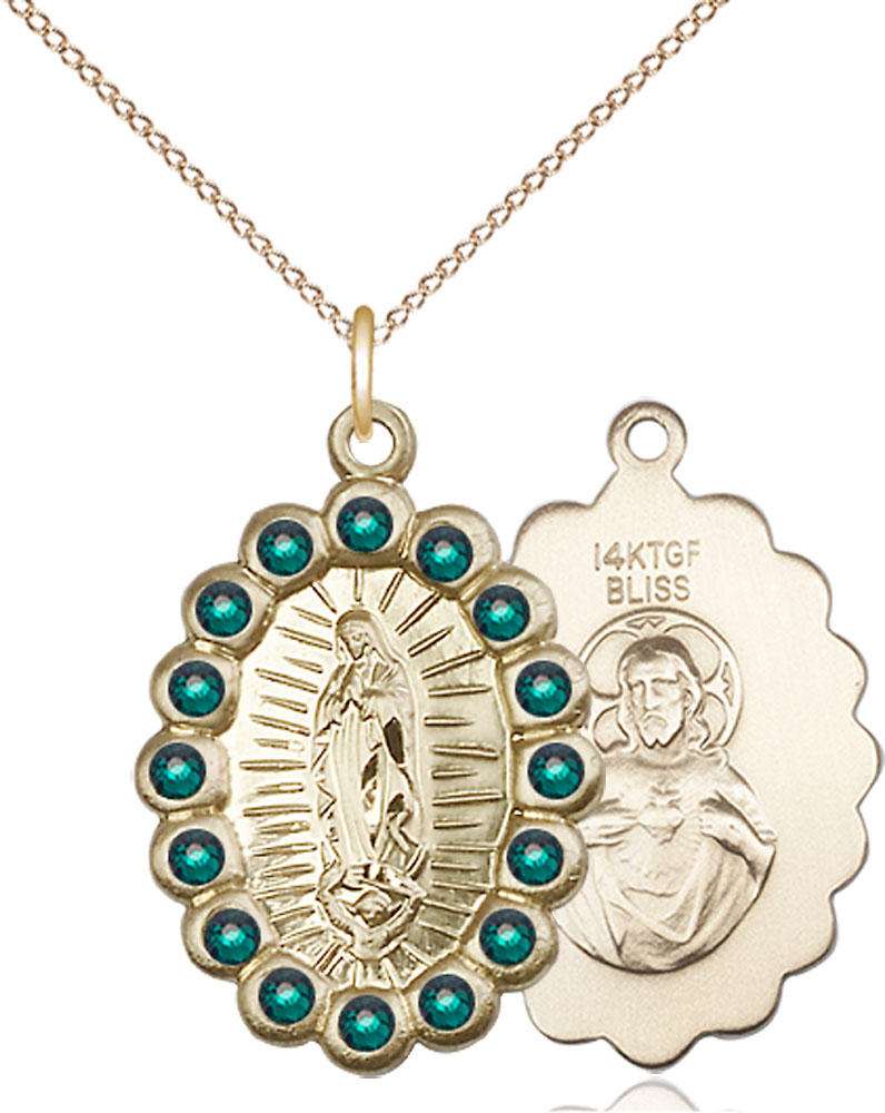 14kt Gold Filled Our Lady of Guadalupe Pendant with Emerald Swarovski stones on a 18 inch Gold Filled Light Curb chain