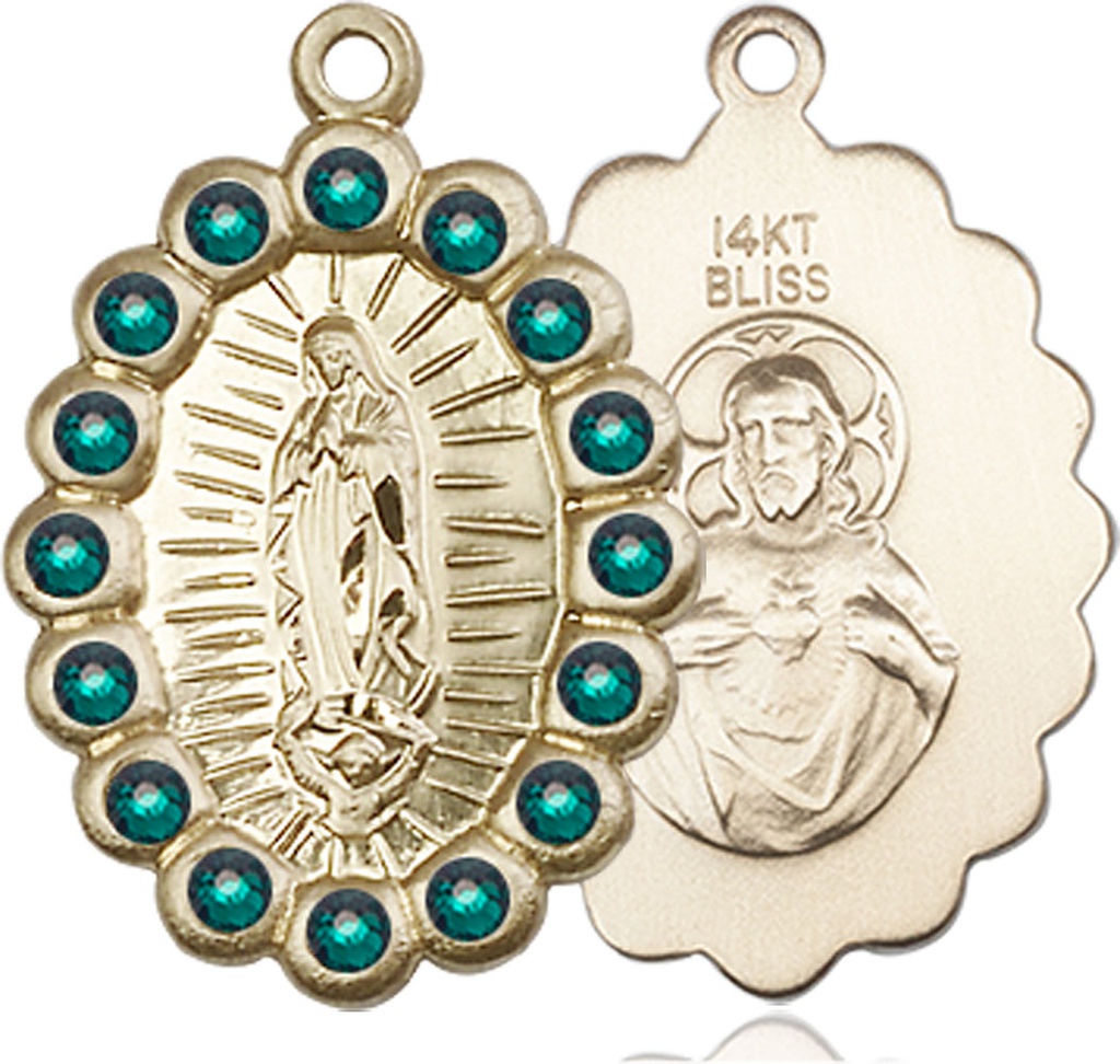 14kt Gold Our Lady of Guadalupe Medal with Emerald Swarovski stones