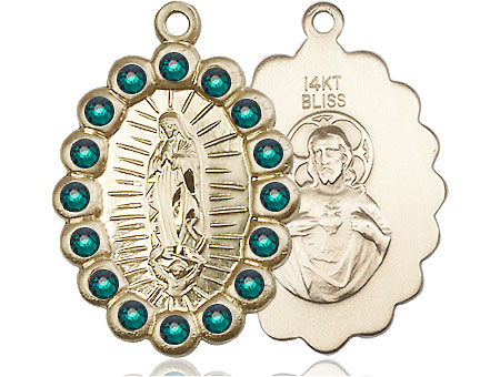 14kt Gold Our Lady of Guadalupe Medal with Emerald Swarovski stones