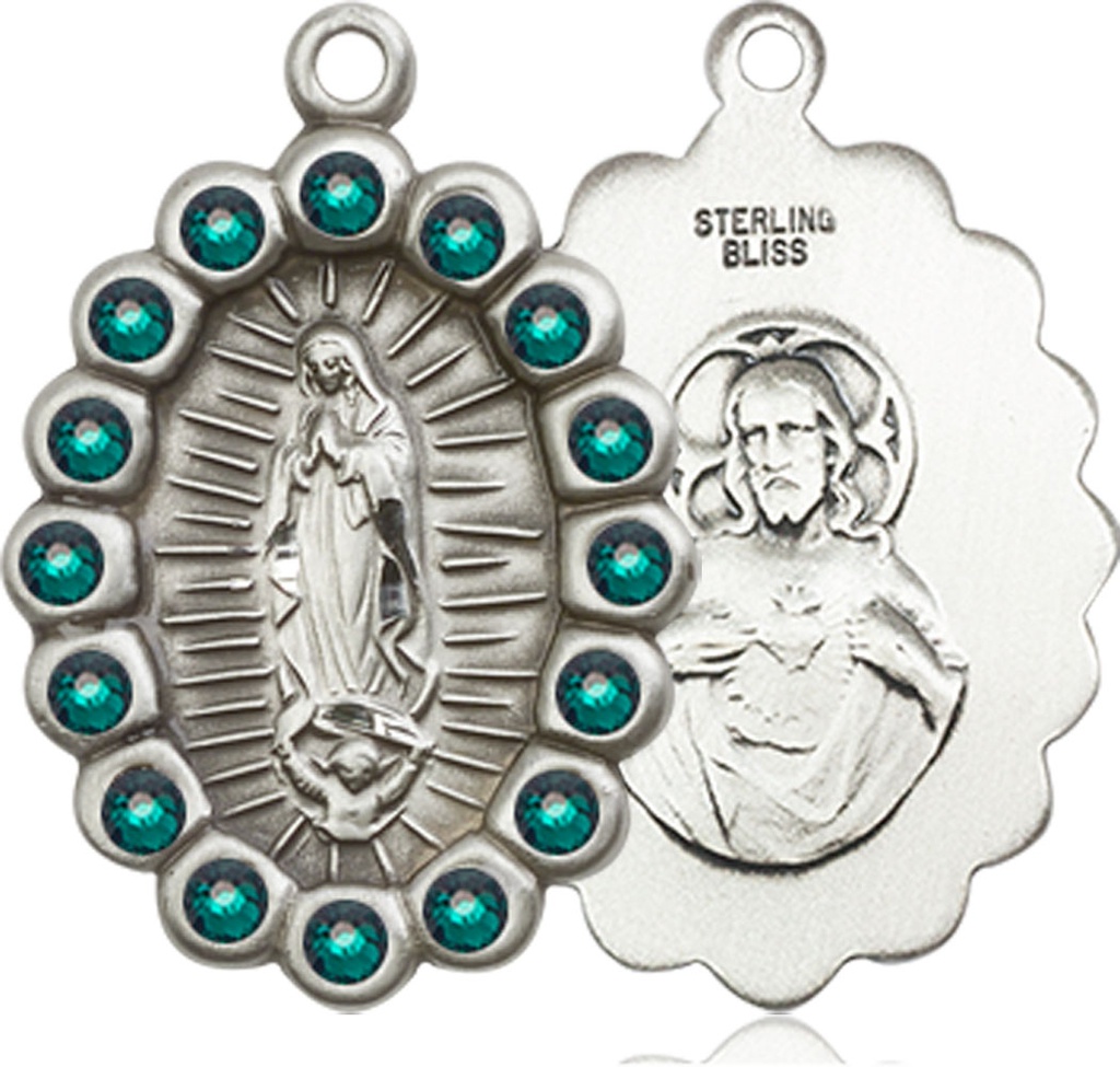 Sterling Silver Our Lady of Guadalupe Medal with Emerald Swarovski stones