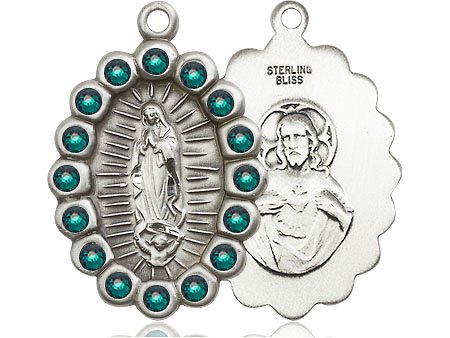 Sterling Silver Our Lady of Guadalupe Medal with Emerald Swarovski stones