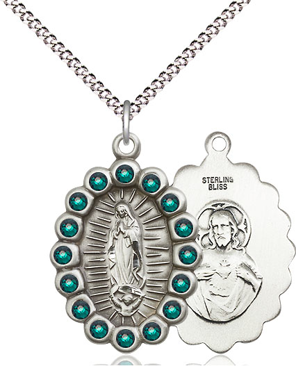 Sterling Silver Our Lady of Guadalupe Pendant with Emerald Swarovski stones on a 18 inch Light Rhodium Light Curb chain