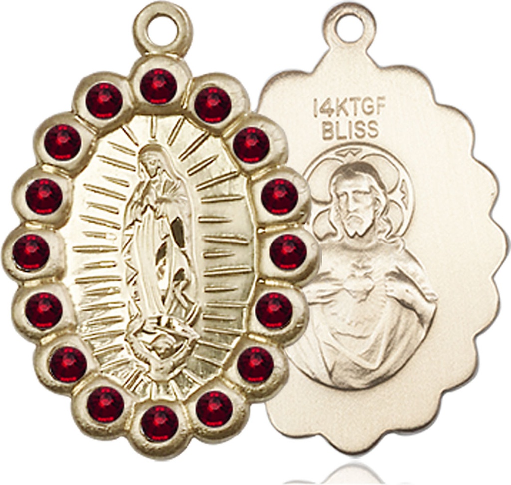 14kt Gold Filled Our Lady of Guadalupe Medal with Garnet Swarovski stones