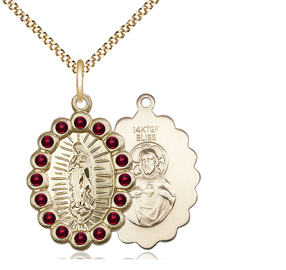 14kt Gold Filled Our Lady of Guadalupe Pendant with Garnet Swarovski stones on a 18 inch Gold Plate Light Curb chain