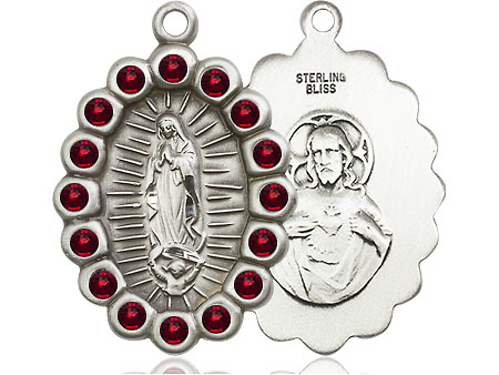 Sterling Silver Our Lady of Guadalupe Medal with Garnet Swarovski stones