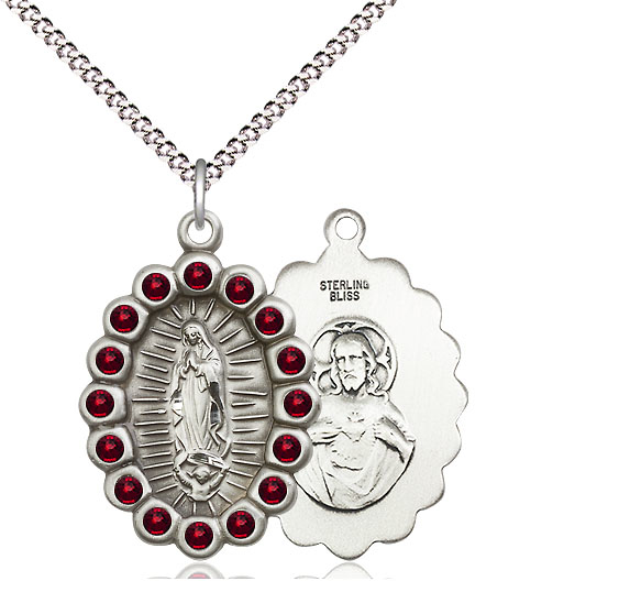 Sterling Silver Our Lady of Guadalupe Pendant with Garnet Swarovski stones on a 18 inch Light Rhodium Light Curb chain