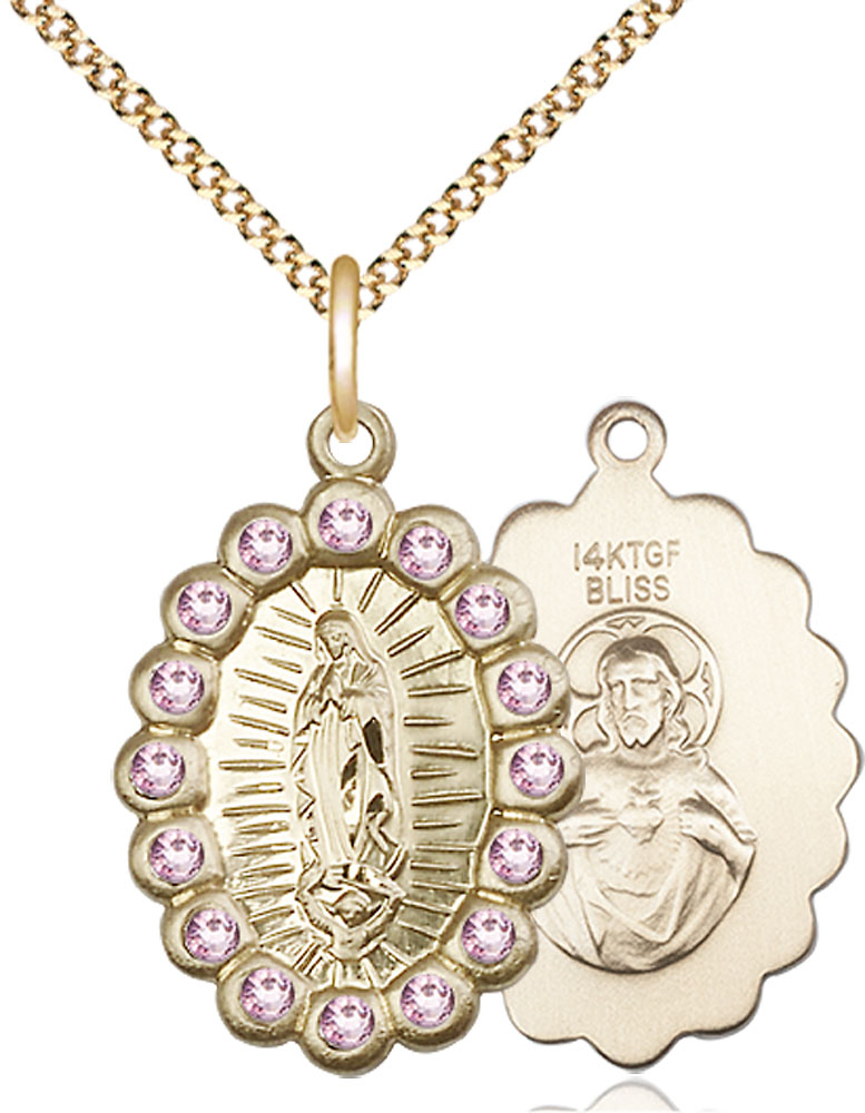 14kt Gold Filled Our Lady of Guadalupe Pendant with LA Swarovski stones on a 18 inch Gold Plate Light Curb chain