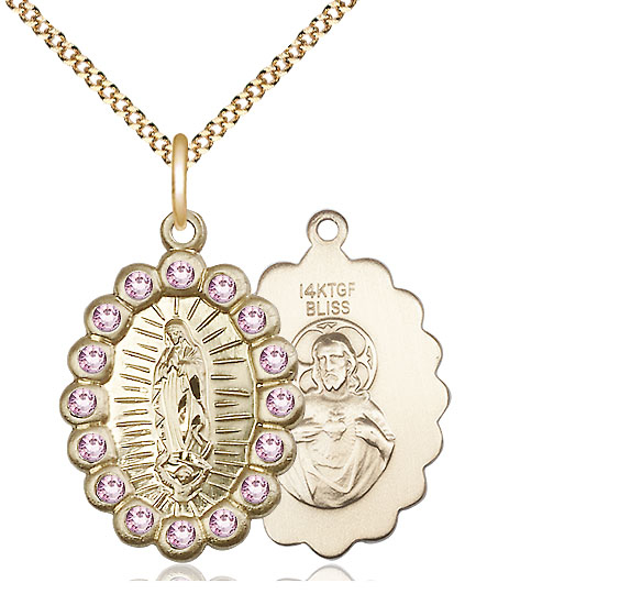 14kt Gold Filled Our Lady of Guadalupe Pendant with LA Swarovski stones on a 18 inch Gold Plate Light Curb chain