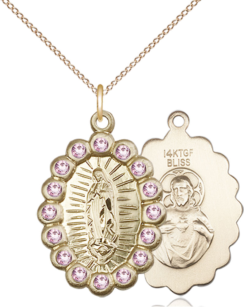 14kt Gold Filled Our Lady of Guadalupe Pendant with LA Swarovski stones on a 18 inch Gold Filled Light Curb chain