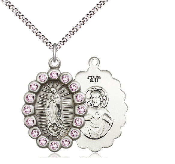 Sterling Silver Our Lady of Guadalupe Pendant with LA Swarovski stones on a 18 inch Light Rhodium Light Curb chain