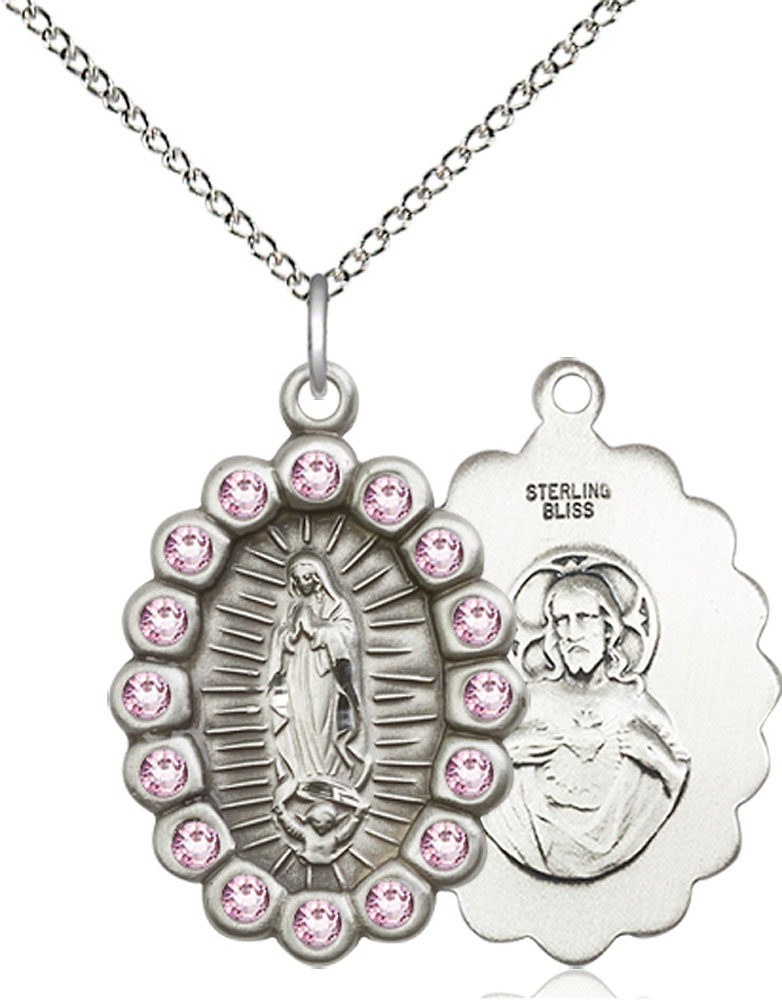 Sterling Silver Our Lady of Guadalupe Pendant with LA Swarovski stones on a 18 inch Sterling Silver Light Curb chain