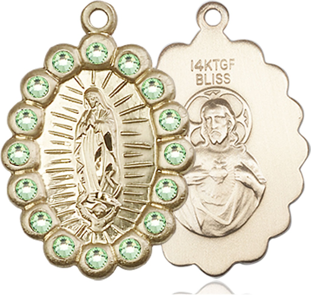 14kt Gold Filled Our Lady of Guadalupe Medal with Peridot Swarovski stones