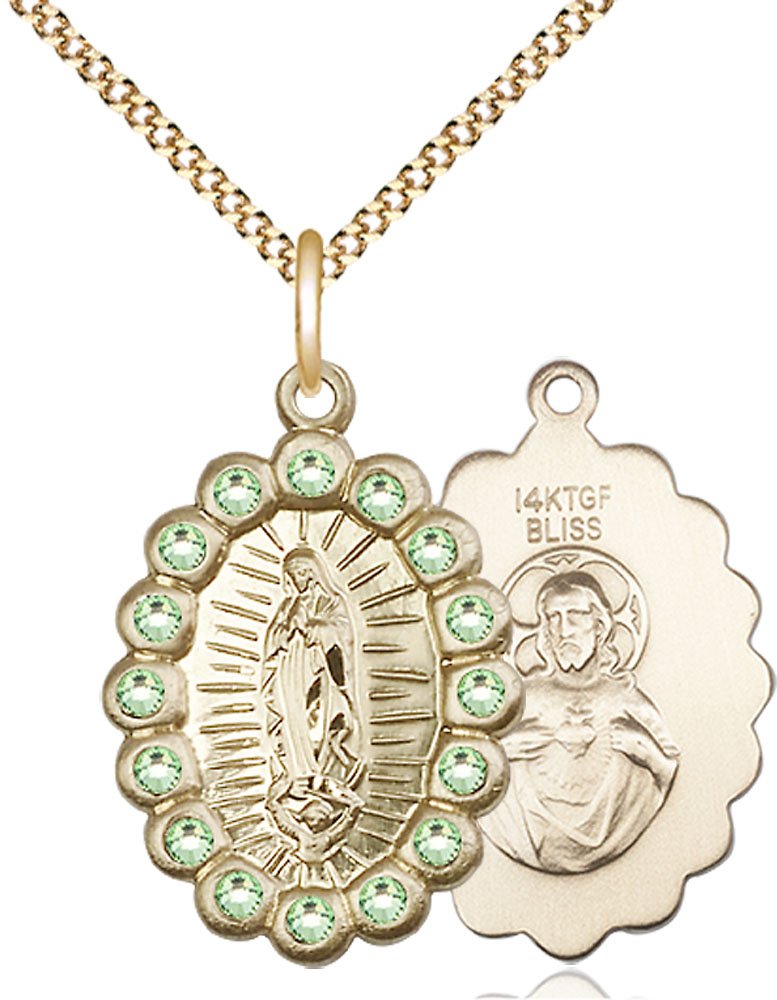 14kt Gold Filled Our Lady of Guadalupe Pendant with Peridot Swarovski stones on a 18 inch Gold Plate Light Curb chain