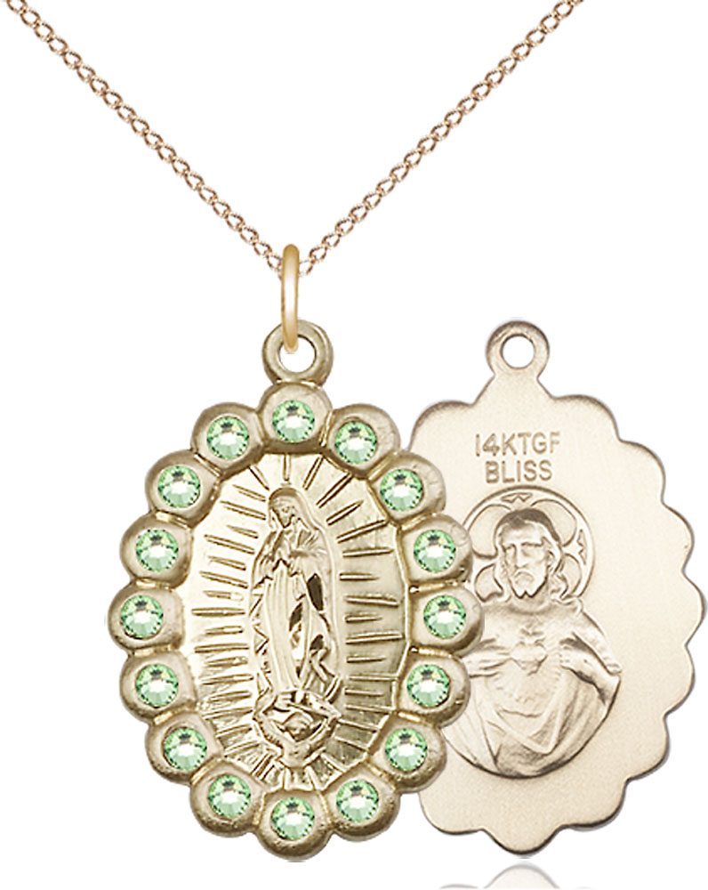 14kt Gold Filled Our Lady of Guadalupe Pendant with Peridot Swarovski stones on a 18 inch Gold Filled Light Curb chain