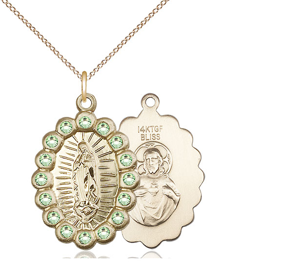 14kt Gold Filled Our Lady of Guadalupe Pendant with Peridot Swarovski stones on a 18 inch Gold Filled Light Curb chain