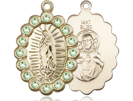 14kt Gold Our Lady of Guadalupe Medal with Peridot Swarovski stones