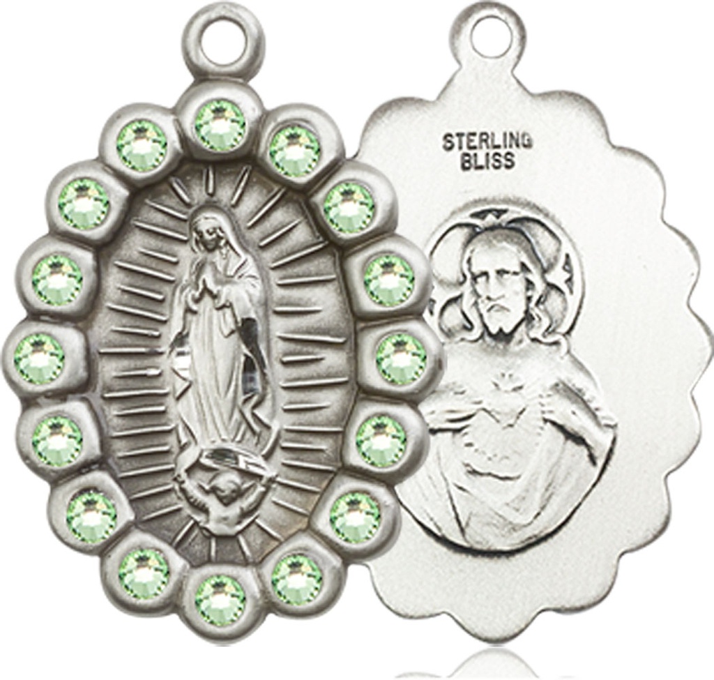 Sterling Silver Our Lady of Guadalupe Medal with Peridot Swarovski stones